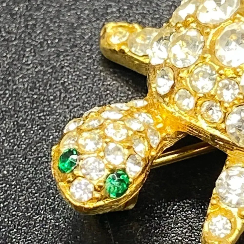 Gold tone rhinestone turtle tortoise pin brooch with green glass eyes gorgeous